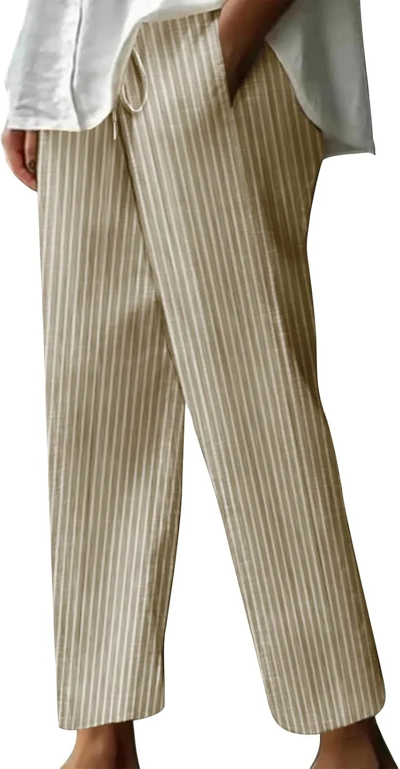 Casual Striped Cotton Linen Pant for Women Striped High Waisted Drawstring Summer Pants Loose Fit Trousers