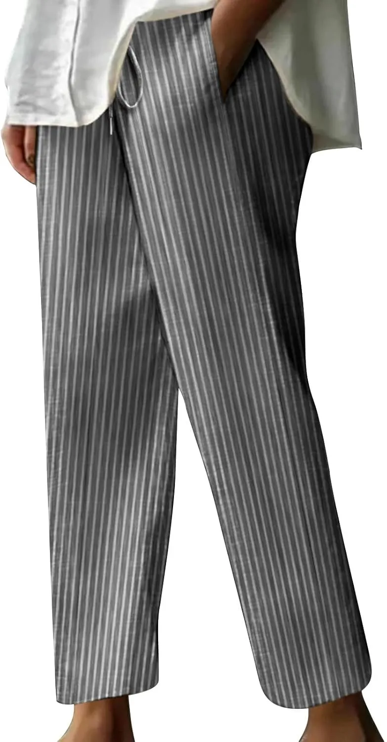 Casual Striped Cotton Linen Pant for Women Striped High Waisted Drawstring Summer Pants Loose Fit Trousers
