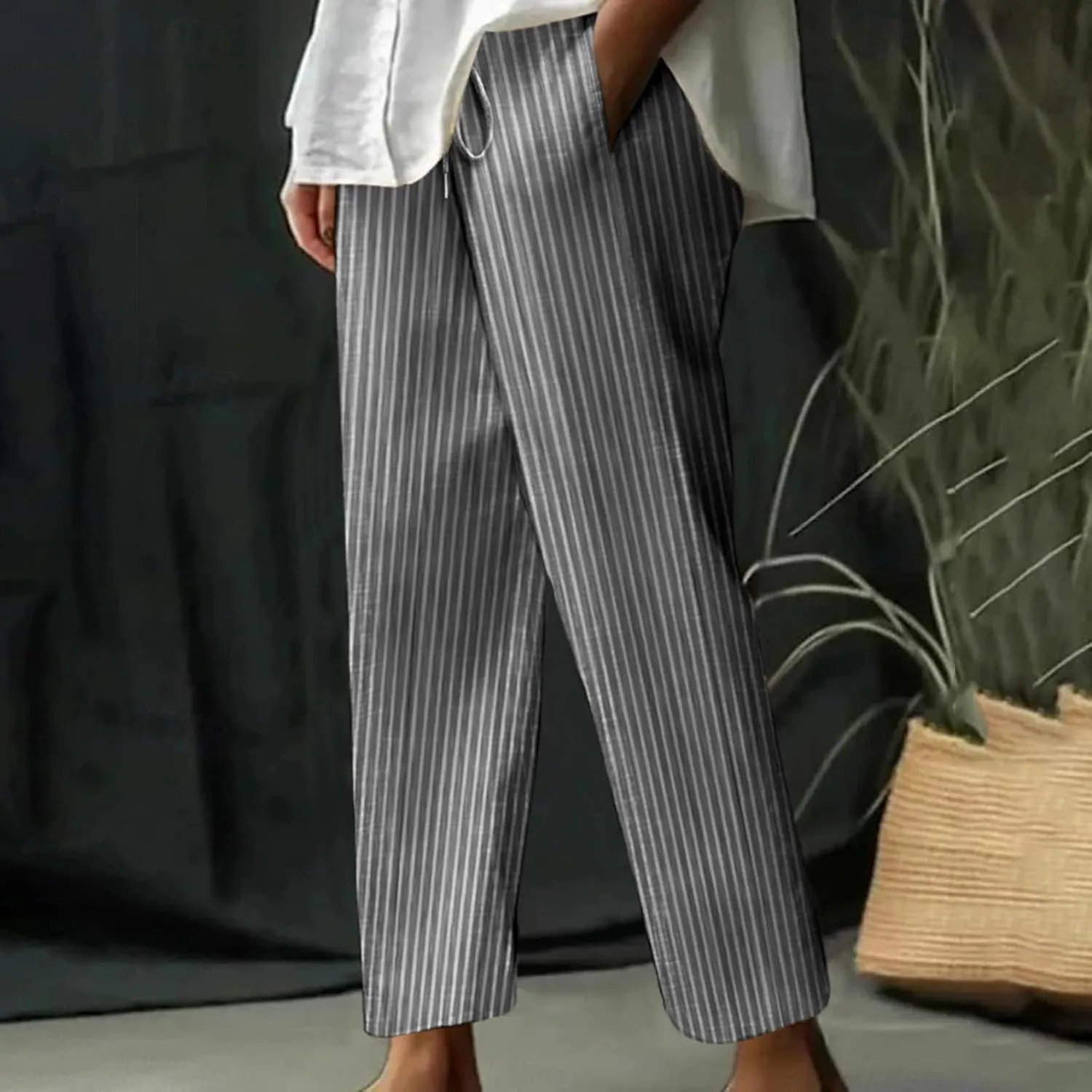 Casual Striped Cotton Linen Pant for Women Striped High Waisted Drawstring Summer Pants Loose Fit Trousers