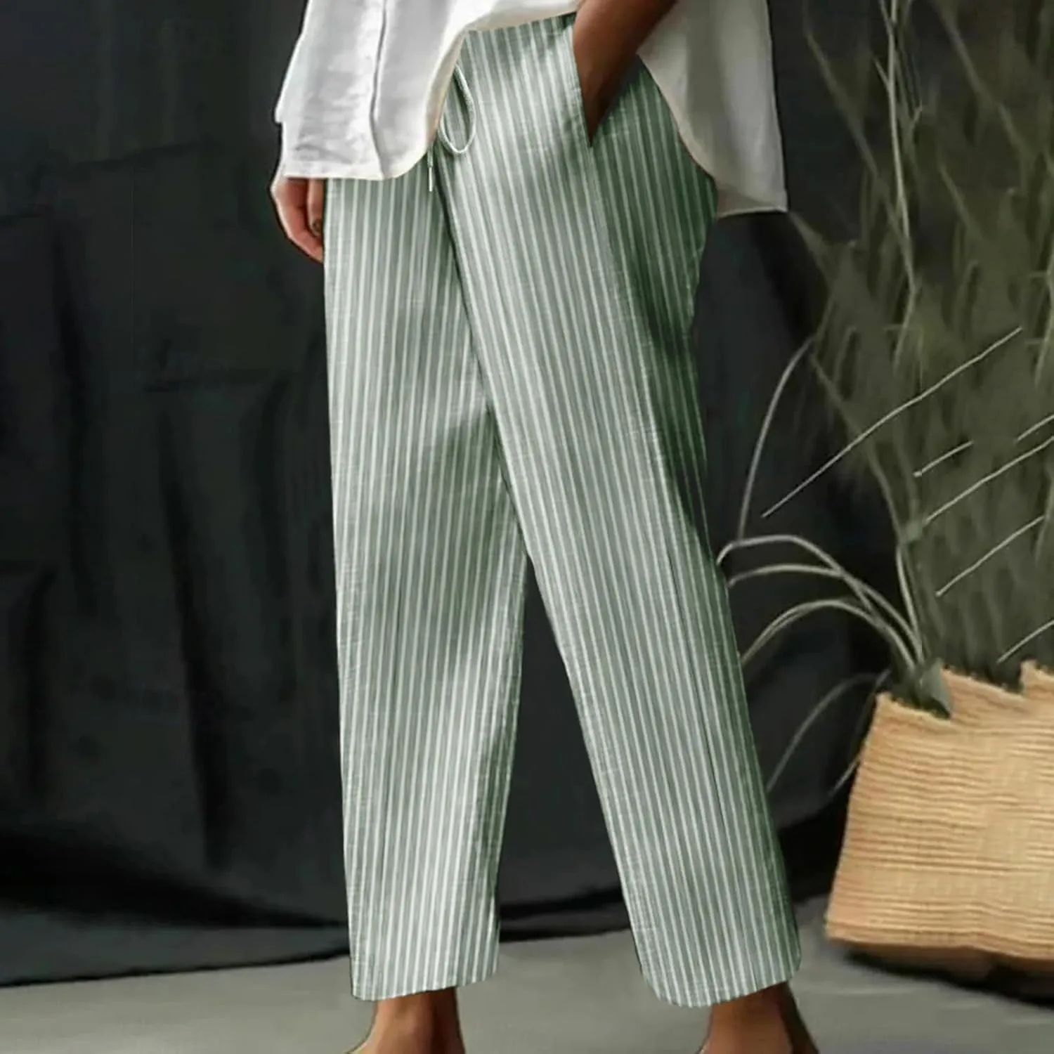 Casual Striped Cotton Linen Pant for Women Striped High Waisted Drawstring Summer Pants Loose Fit Trousers