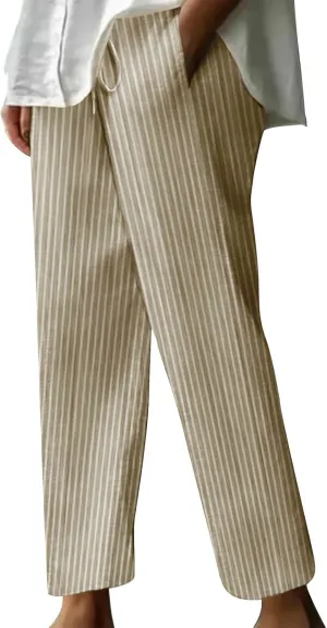 Casual Striped Cotton Linen Pant for Women Striped High Waisted Drawstring Summer Pants Loose Fit Trousers