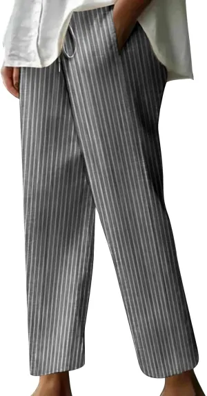 Casual Striped Cotton Linen Pant for Women Striped High Waisted Drawstring Summer Pants Loose Fit Trousers
