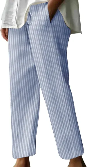 Casual Striped Cotton Linen Pant for Women Striped High Waisted Drawstring Summer Pants Loose Fit Trousers