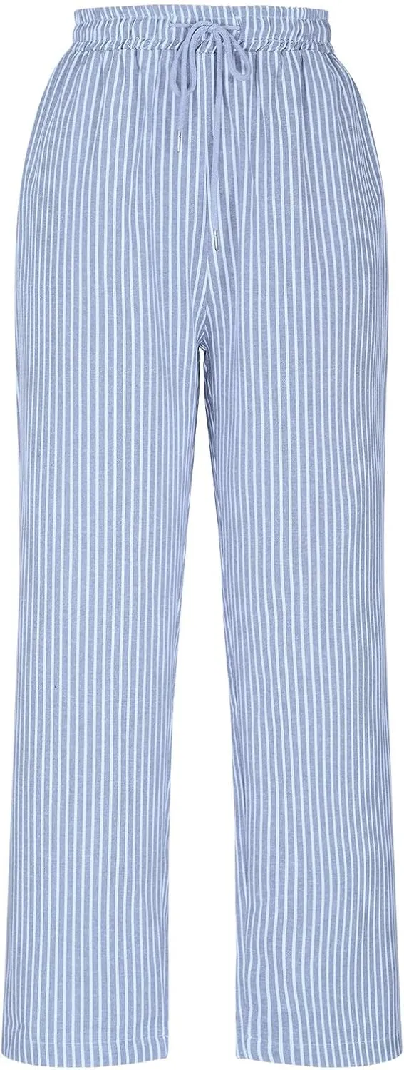 Casual Striped Cotton Linen Pant for Women Striped High Waisted Drawstring Summer Pants Loose Fit Trousers