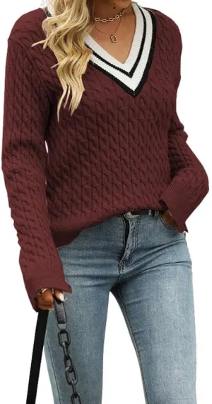 CHARTOU Women's Fall Cable Knit Striped V Neck Long Sleeve Knit Pullover Sweater Top