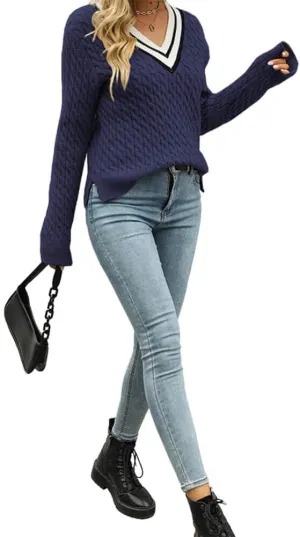 CHARTOU Women's Fall Cable Knit Striped V Neck Long Sleeve Knit Pullover Sweater Top