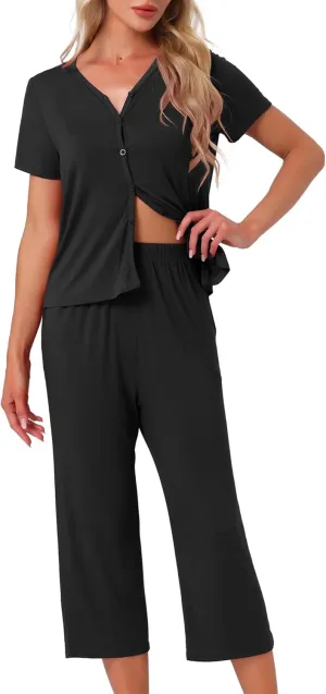 cheibear Womens Capri Pajamas Set Short Sleeve Button Up Sleepwear V Neck 2 Piece Pjs Lounge Set