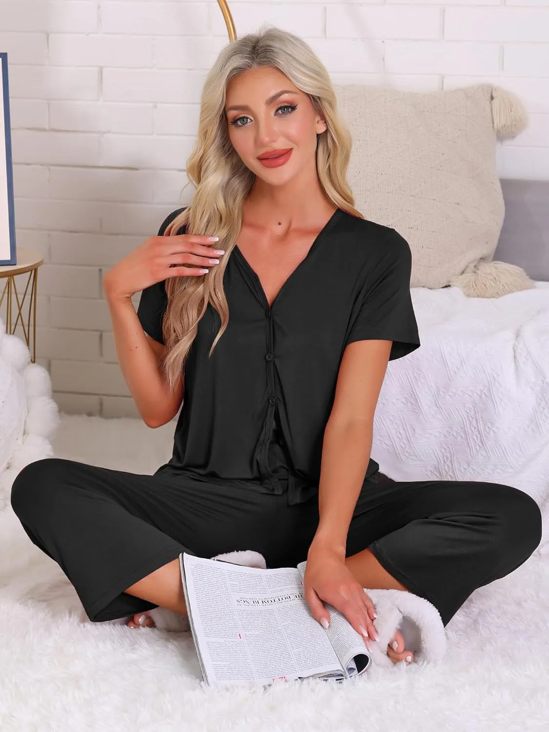cheibear Womens Capri Pajamas Set Short Sleeve Button Up Sleepwear V Neck 2 Piece Pjs Lounge Set