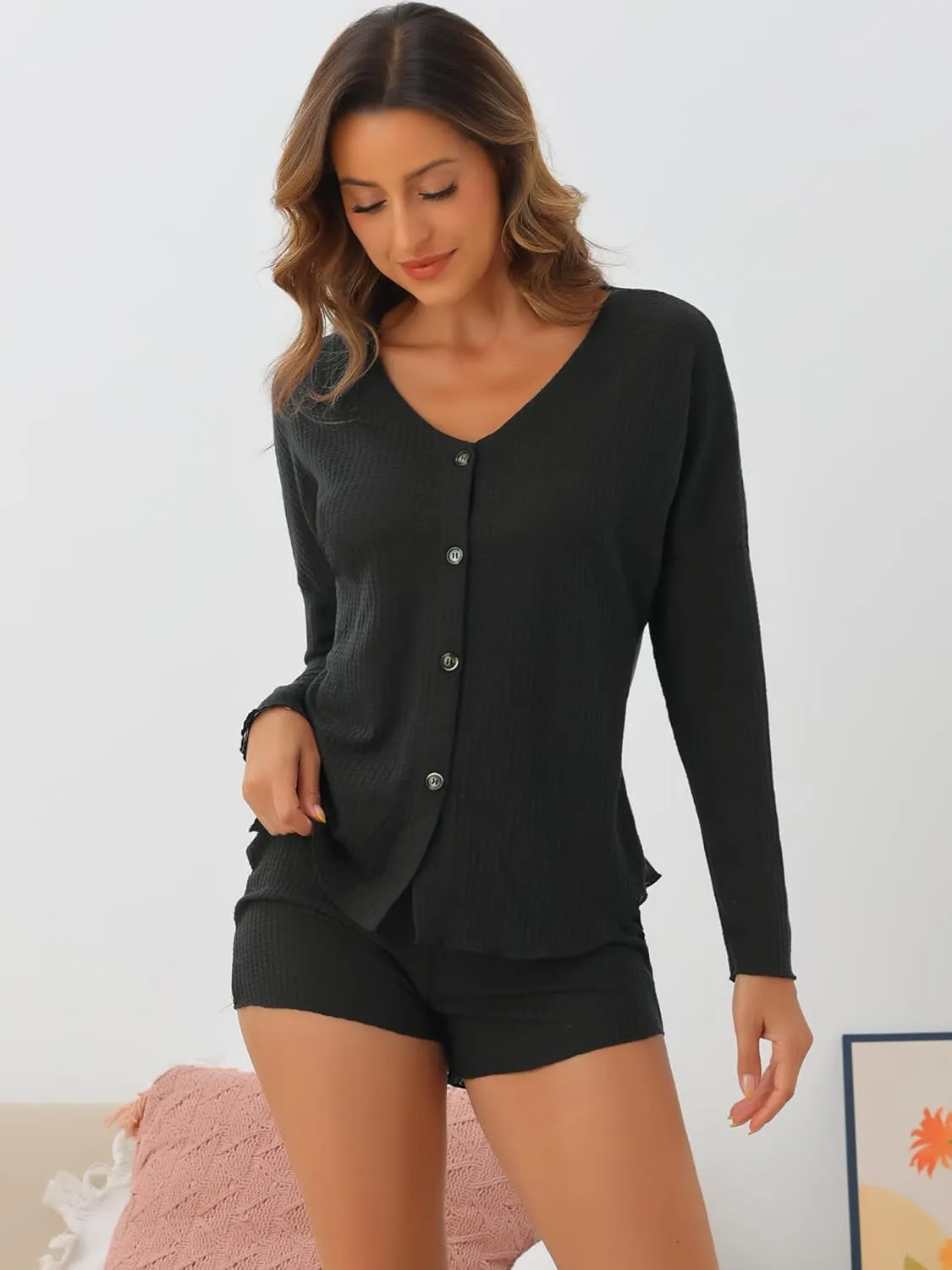 cheibear Womens Waffle Knit Pajama Sets Button Down Lounge Set Long Sleeve Top and Shorts PJ Sets Soft Matching Loungewear