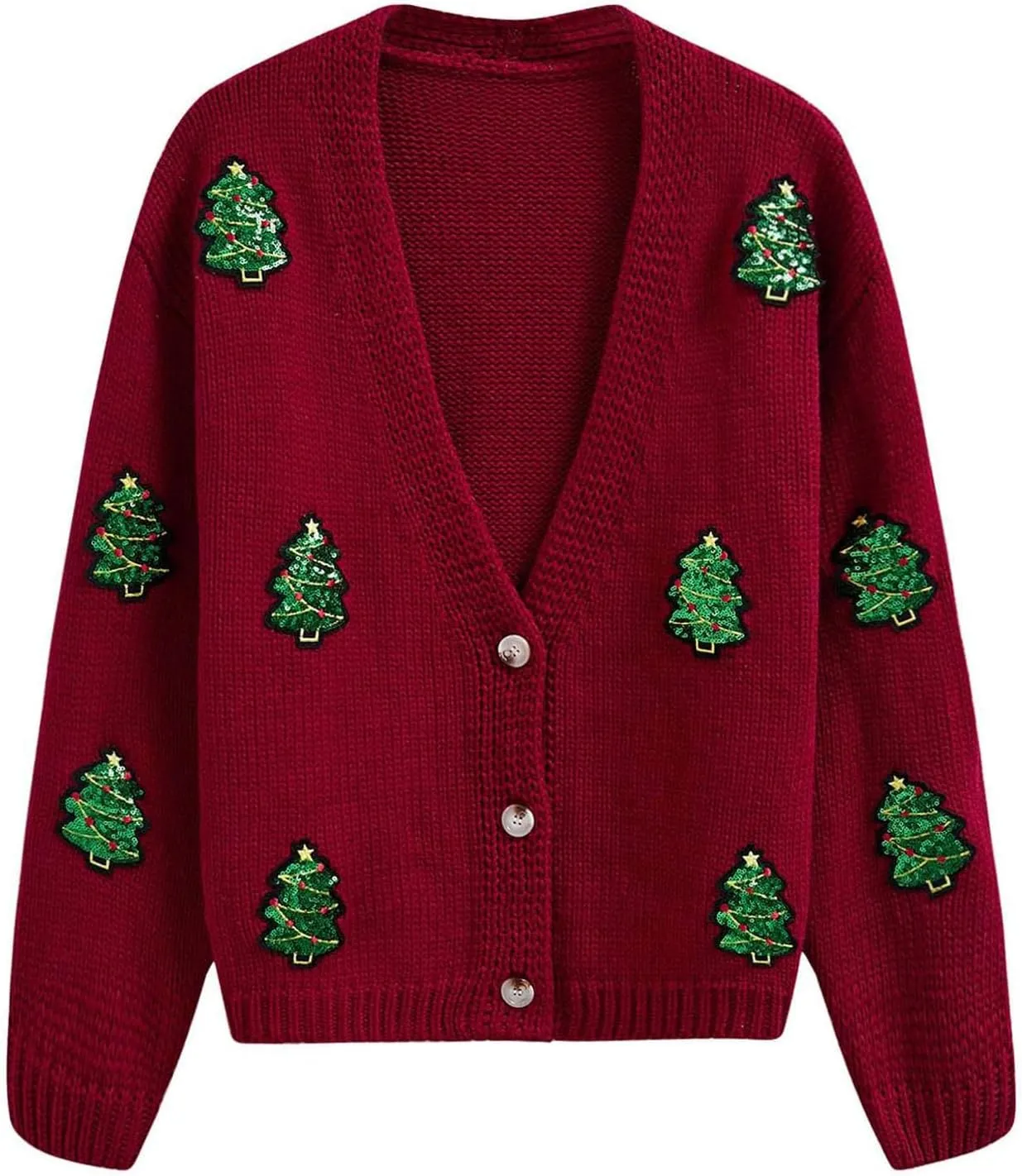 CHICWISH Women Knit Cardigan Sequin Christmas Tree V-Neck Christmas Cardigan Cute Xmas Holiday Sweaters Cardigan