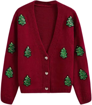 CHICWISH Women Knit Cardigan Sequin Christmas Tree V-Neck Christmas Cardigan Cute Xmas Holiday Sweaters Cardigan