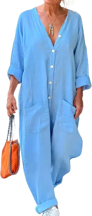 chouyatou Women's Summer Casual Long Sleeve Linen Jumpsuits Baggy Harem Overalls Onesie Lounge Pajamas