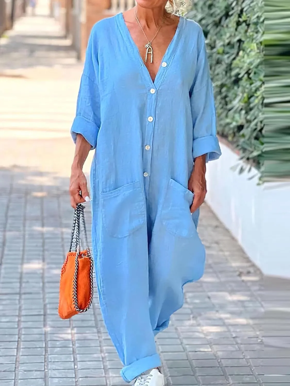 chouyatou Women's Summer Casual Long Sleeve Linen Jumpsuits Baggy Harem Overalls Onesie Lounge Pajamas
