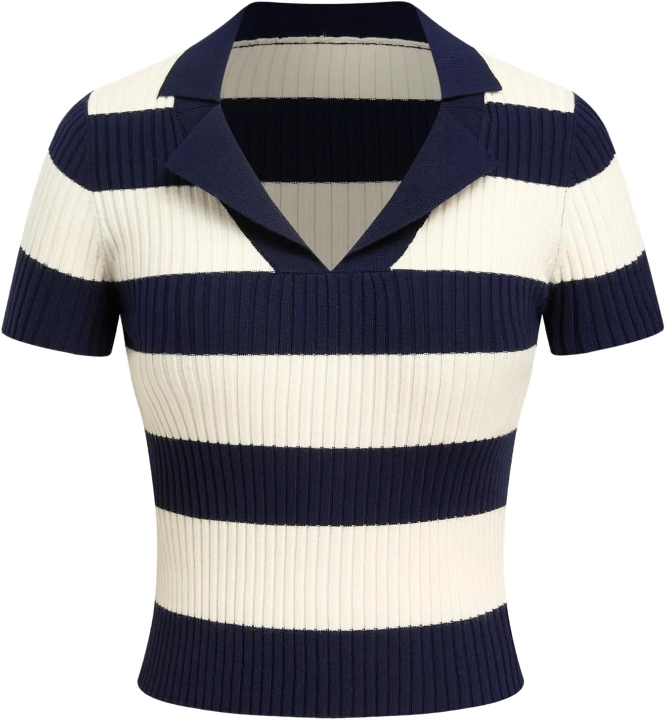 CIDER Striped Sweater Women Knit Polo Top Short Sleeve Regular Fit Casual Polo Neck Striped Knitwear