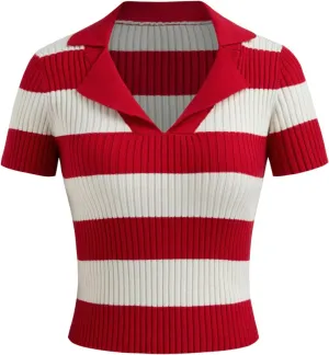 CIDER Striped Sweater Women Knit Polo Top Short Sleeve Regular Fit Casual Polo Neck Striped Knitwear