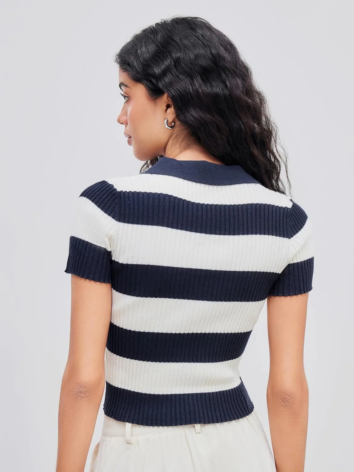 CIDER Striped Sweater Women Knit Polo Top Short Sleeve Regular Fit Casual Polo Neck Striped Knitwear