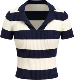 CIDER Striped Sweater Women Knit Polo Top Short Sleeve Regular Fit Casual Polo Neck Striped Knitwear
