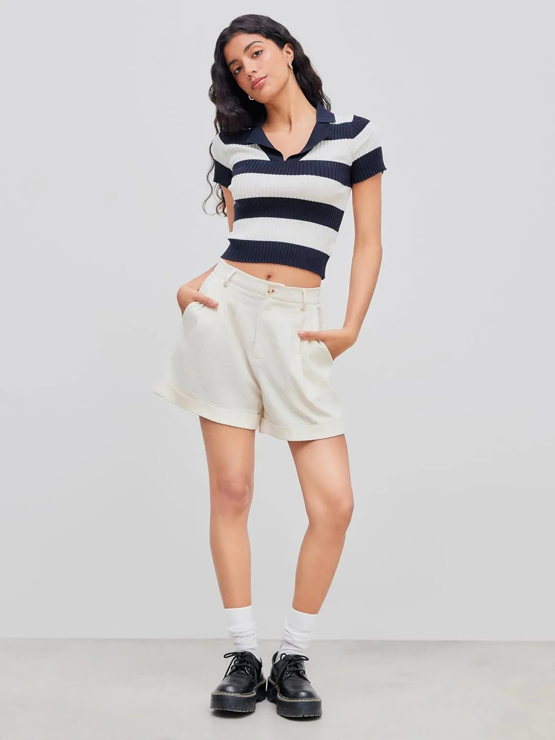 CIDER Striped Sweater Women Knit Polo Top Short Sleeve Regular Fit Casual Polo Neck Striped Knitwear