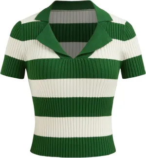 CIDER Striped Sweater Women Knit Polo Top Short Sleeve Regular Fit Casual Polo Neck Striped Knitwear
