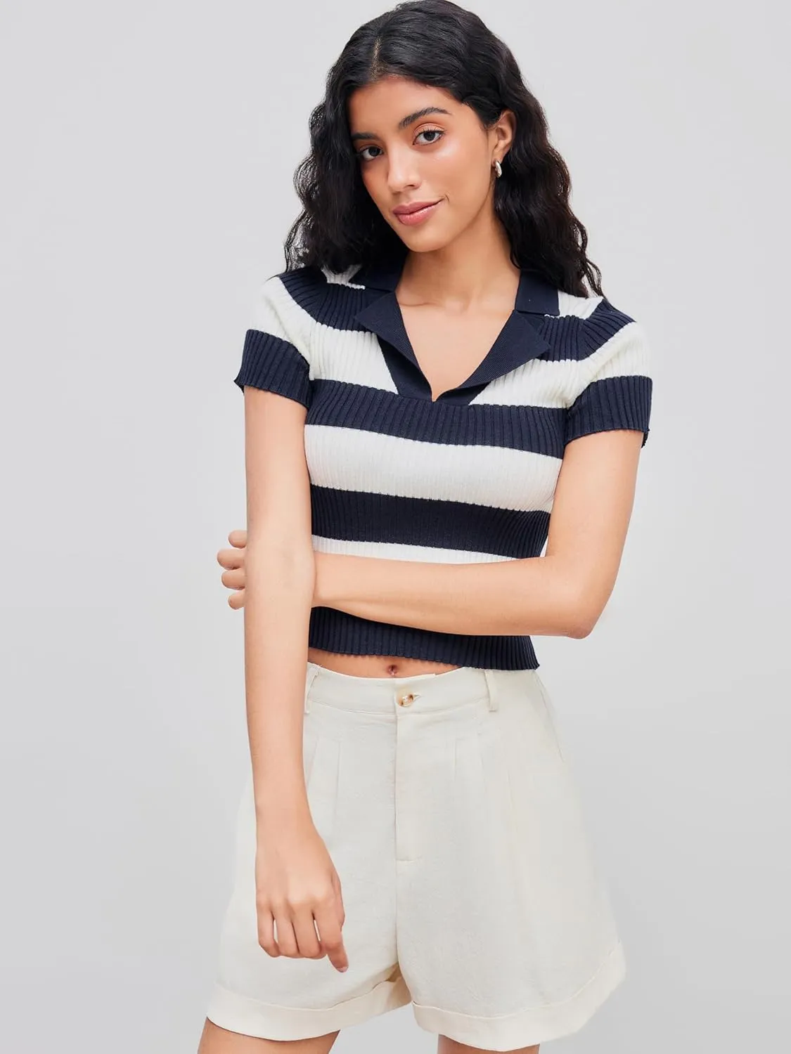 CIDER Striped Sweater Women Knit Polo Top Short Sleeve Regular Fit Casual Polo Neck Striped Knitwear