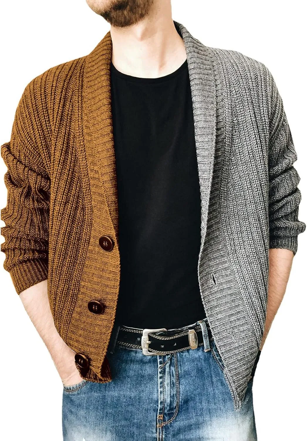 Color Block Cardigan Men Shawl Collar Cardigan Lightweight Button Down Cardigan Big and Tall Knit Sweater