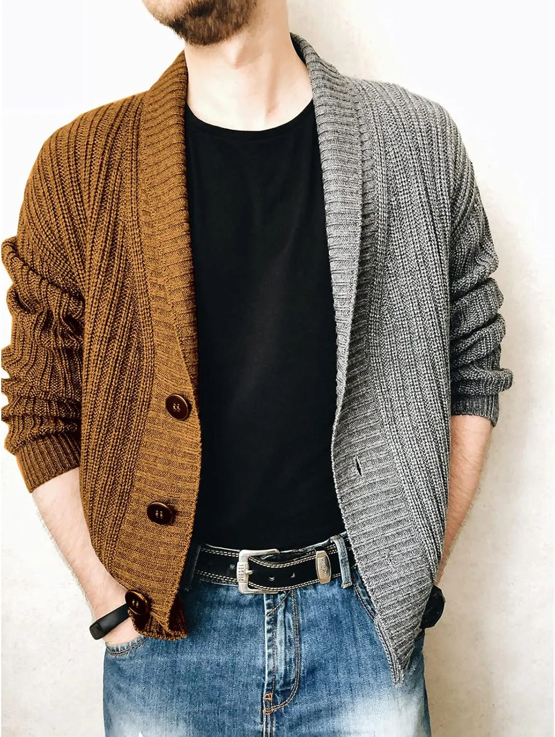 Color Block Cardigan Men Shawl Collar Cardigan Lightweight Button Down Cardigan Big and Tall Knit Sweater