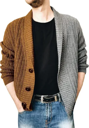 Color Block Cardigan Men Shawl Collar Cardigan Lightweight Button Down Cardigan Big and Tall Knit Sweater