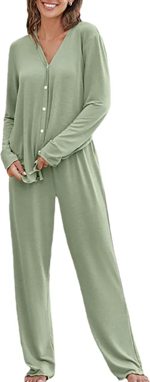 CUPSHE Womens Pajama Sets Button Up Long Sleeve Pjs Ribbed Knit Soft Lounge Set 2 Piece Sleepwear