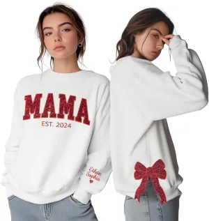 Custom Embroidered Sweatshirt With Side Bow Applique, Mama Sweatshirt For Women
