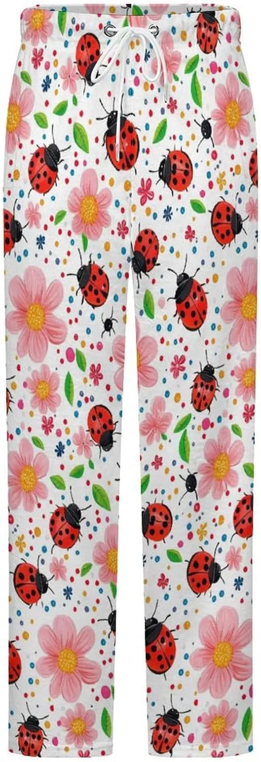 Cute Ladybug Flowers Women's Pajama Pants Fleece Warm Pj Bottoms Sleepwear Lounge Pants Loungewear