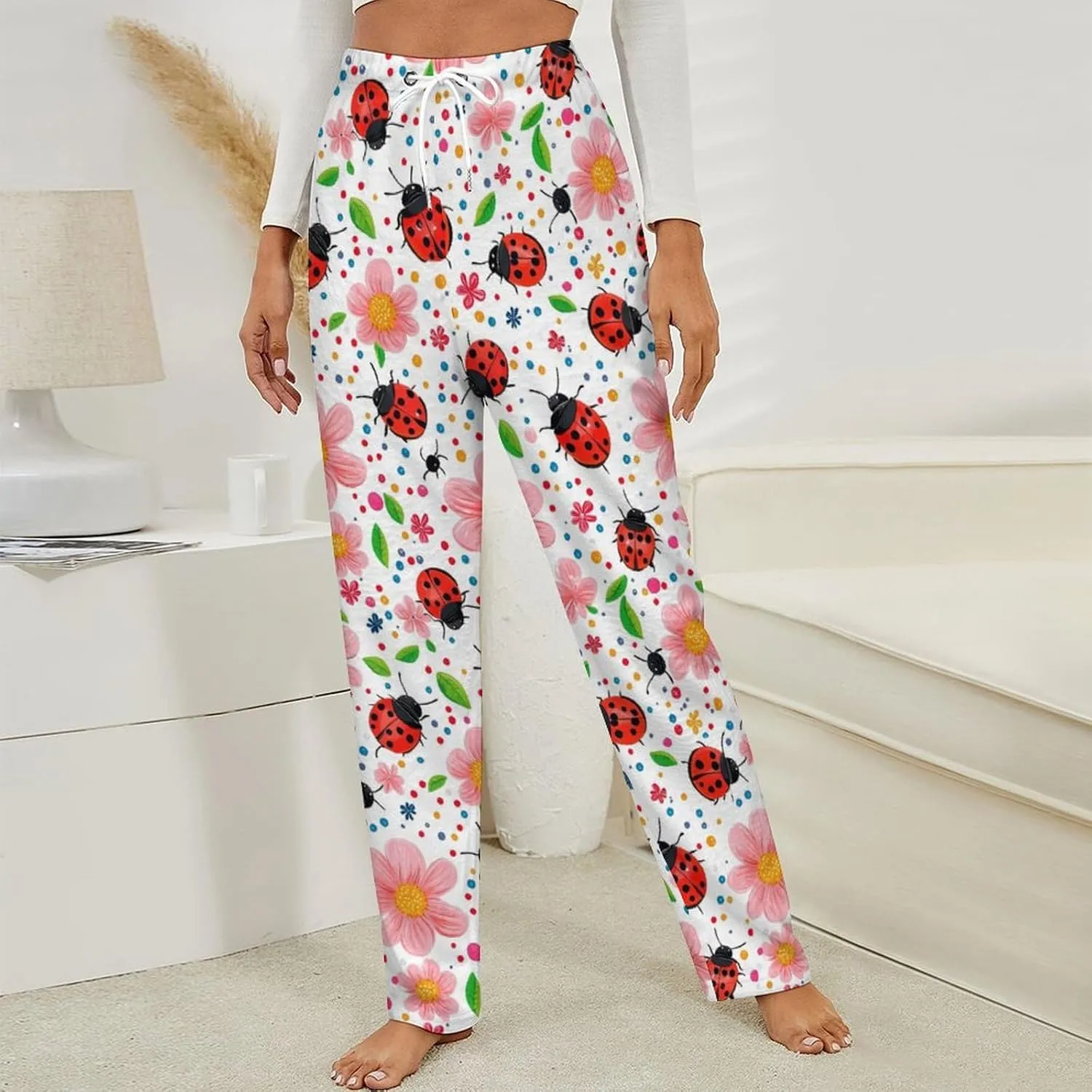 Cute Ladybug Flowers Women's Pajama Pants Fleece Warm Pj Bottoms Sleepwear Lounge Pants Loungewear