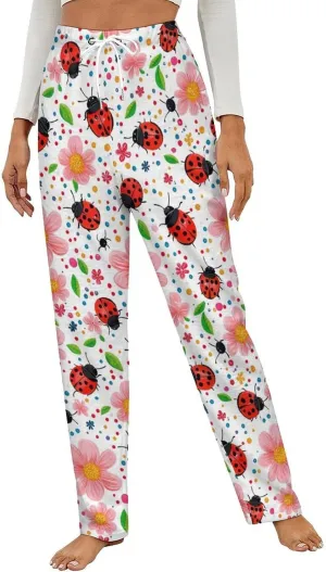 Cute Ladybug Flowers Women's Pajama Pants Fleece Warm Pj Bottoms Sleepwear Lounge Pants Loungewear