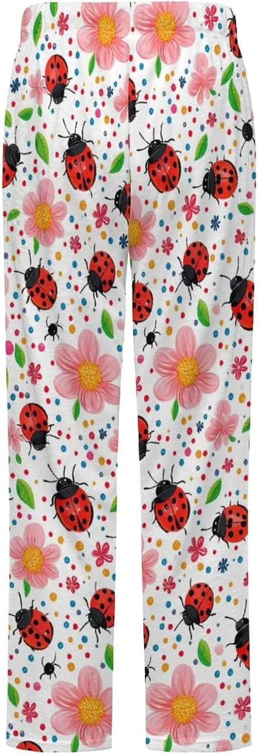 Cute Ladybug Flowers Women's Pajama Pants Fleece Warm Pj Bottoms Sleepwear Lounge Pants Loungewear