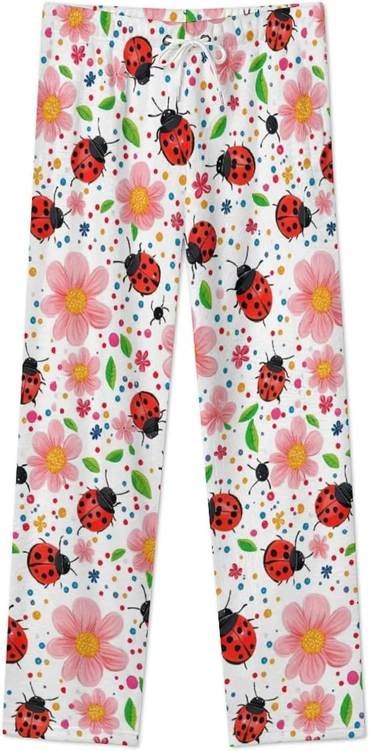 Cute Ladybug Flowers Women's Pajama Pants Fleece Warm Pj Bottoms Sleepwear Lounge Pants Loungewear