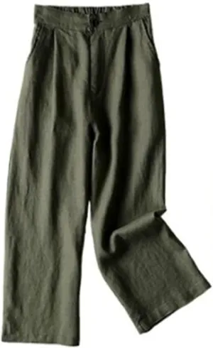 DGHM-JLMY Women's Cotton and Linen Thin Wide Leg Pants Casual Professional Loose Ninth Pants Button Up Straight Leg Trousers