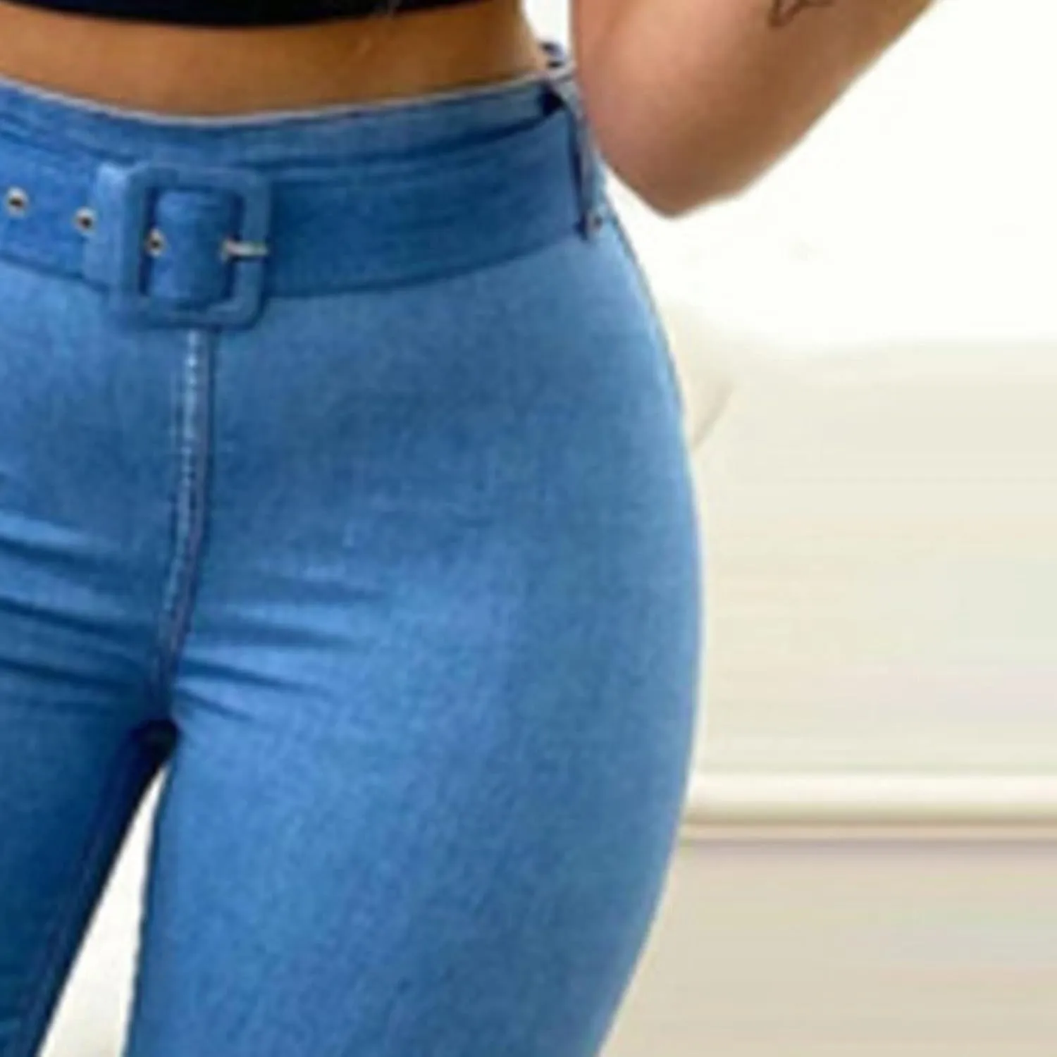 DGHM-JLMY Women's High Waist Elastic Casual Belt Jeans Work Pants Stretchy Trouser with Belt Solid Comfy Slim Fit Pencil Pant
