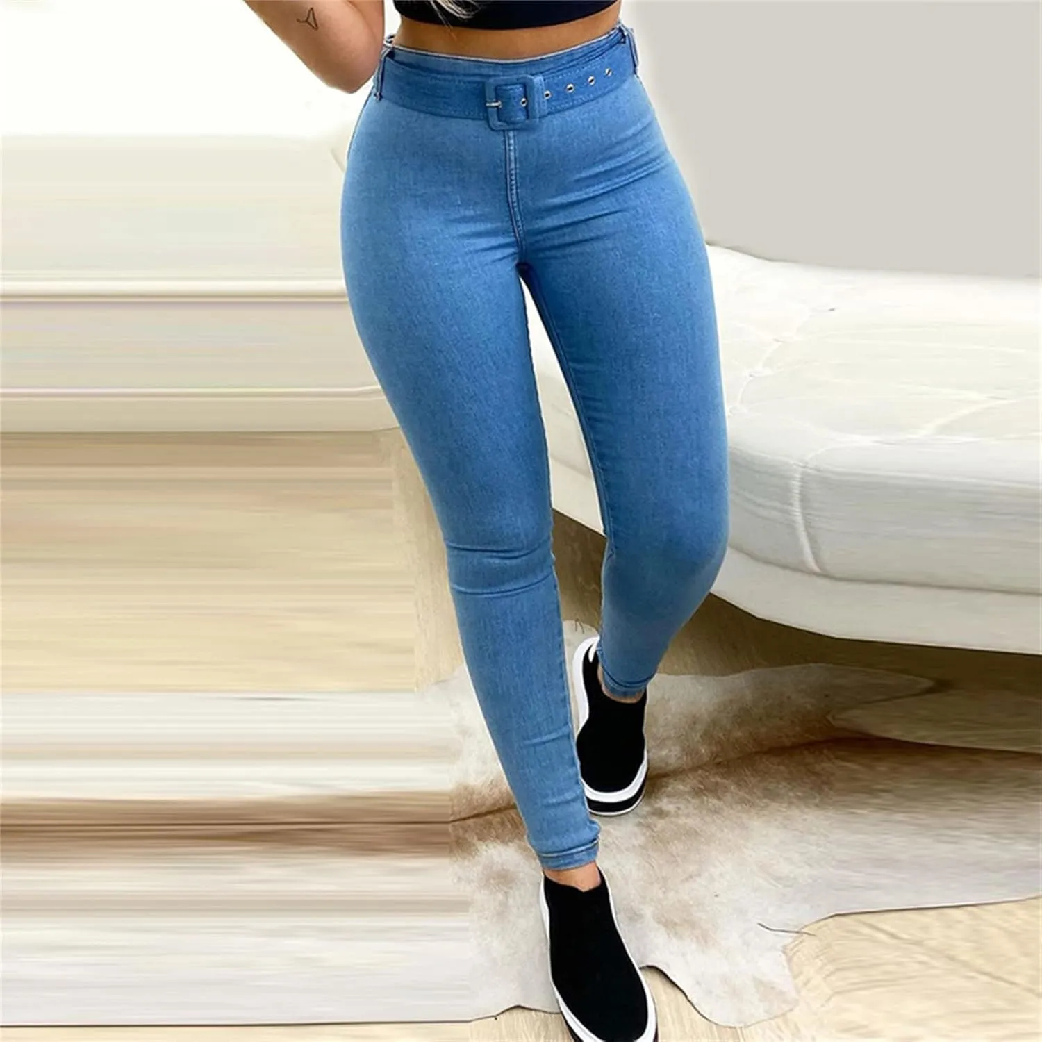 DGHM-JLMY Women's High Waist Elastic Casual Belt Jeans Work Pants Stretchy Trouser with Belt Solid Comfy Slim Fit Pencil Pant