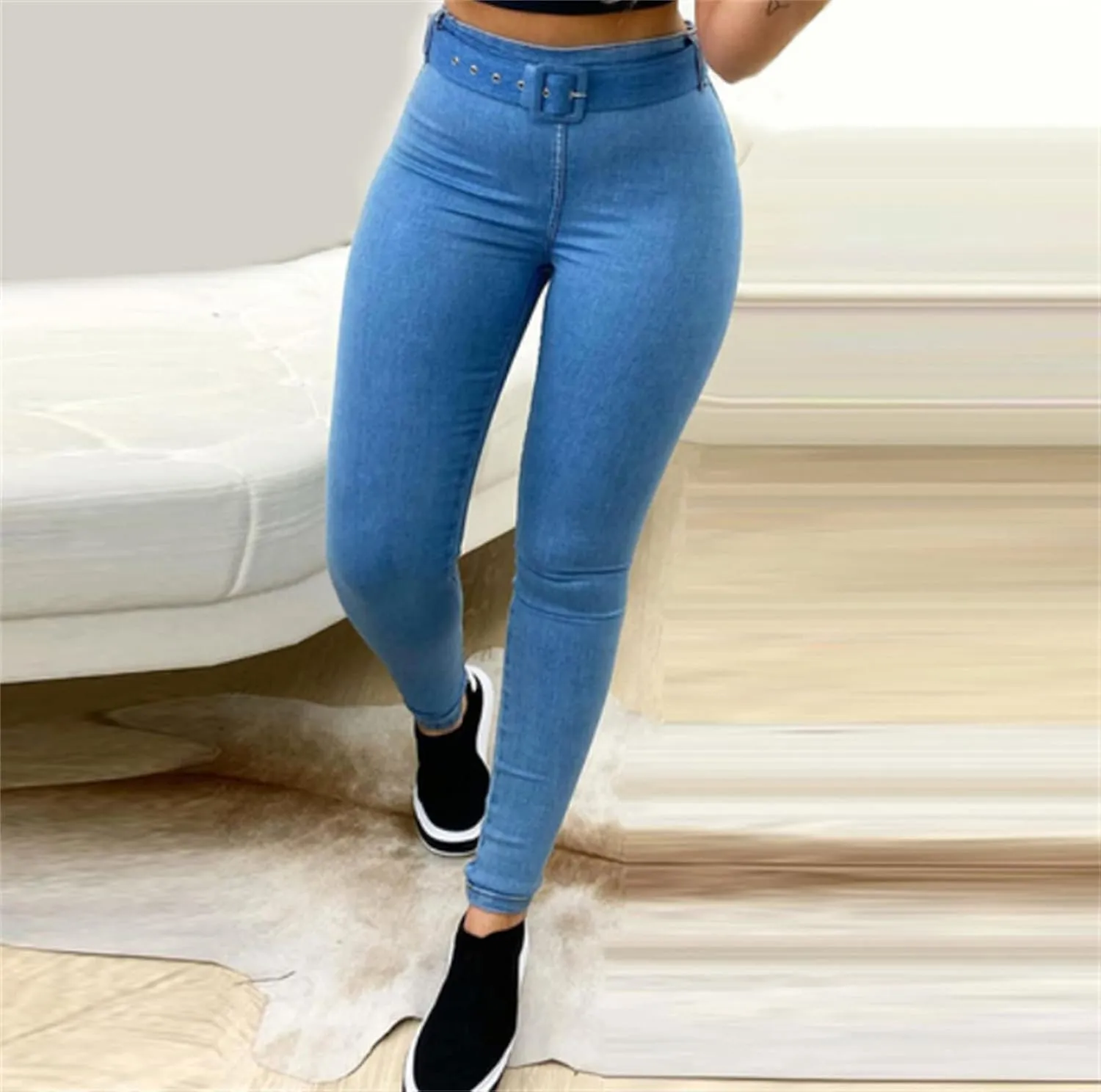 DGHM-JLMY Women's High Waist Elastic Casual Belt Jeans Work Pants Stretchy Trouser with Belt Solid Comfy Slim Fit Pencil Pant