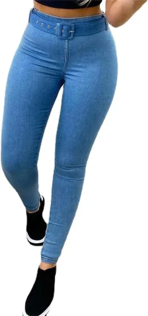 DGHM-JLMY Women's High Waist Elastic Casual Belt Jeans Work Pants Stretchy Trouser with Belt Solid Comfy Slim Fit Pencil Pant