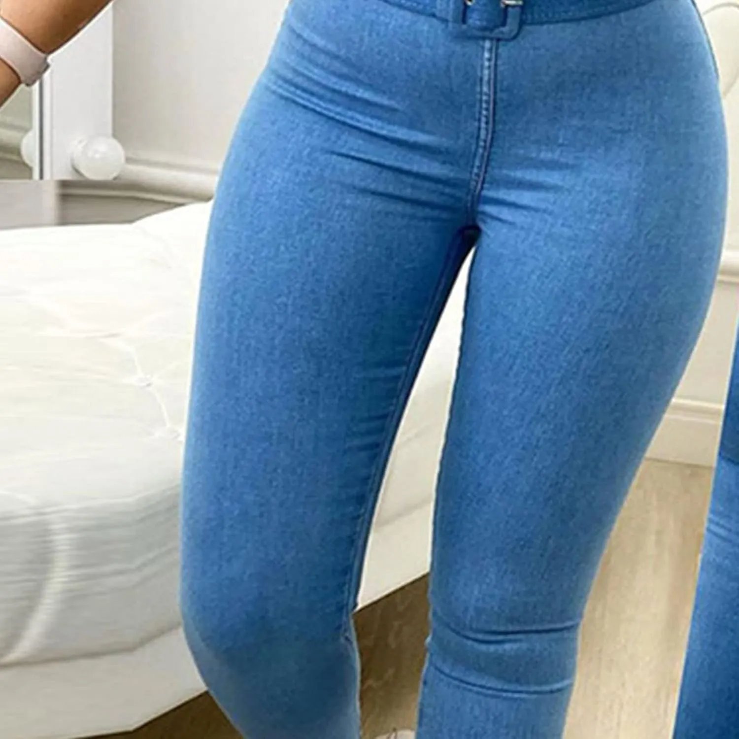 DGHM-JLMY Women's High Waist Elastic Casual Belt Jeans Work Pants Stretchy Trouser with Belt Solid Comfy Slim Fit Pencil Pant