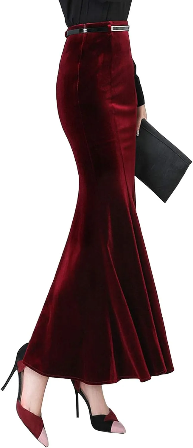 ebossy Women's High Waist Bodycon Velvet Fishtail Mermaid Maxi Skirt Evening Party
