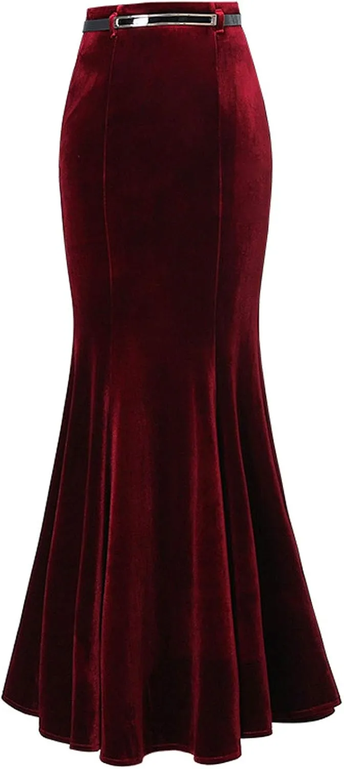 ebossy Women's High Waist Bodycon Velvet Fishtail Mermaid Maxi Skirt Evening Party