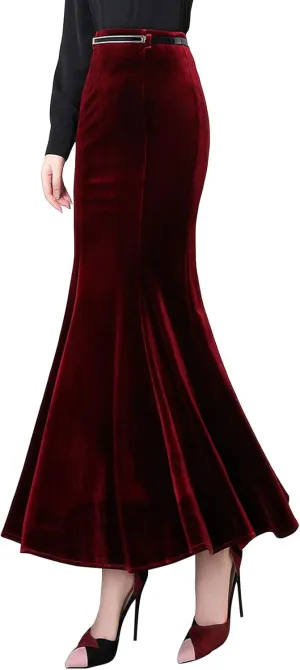 ebossy Women's High Waist Bodycon Velvet Fishtail Mermaid Maxi Skirt Evening Party