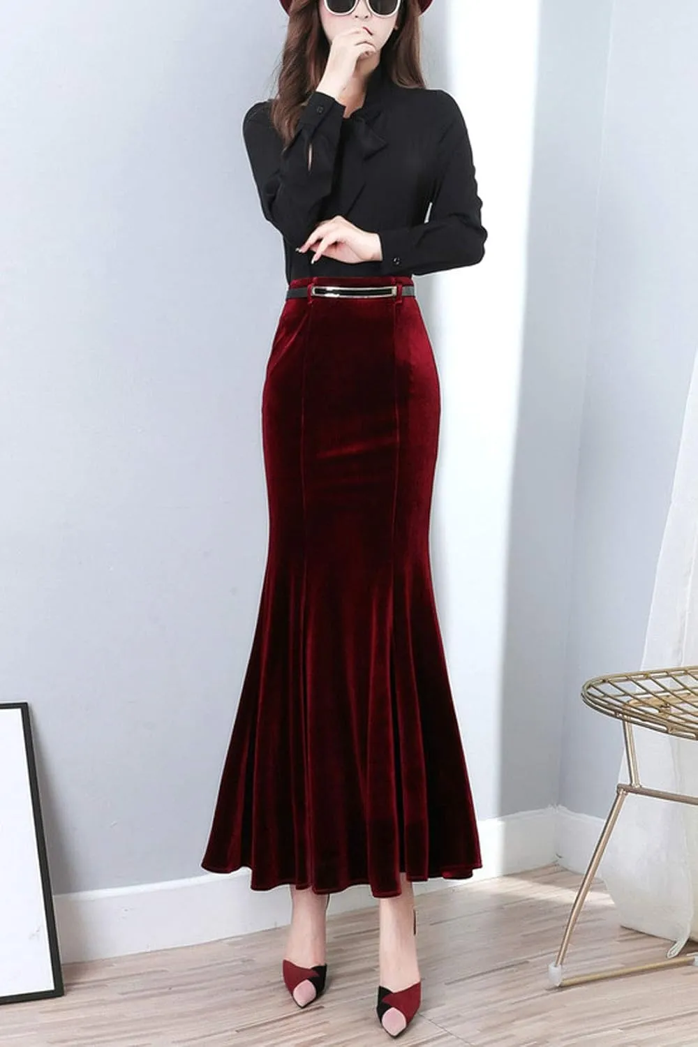 ebossy Women's High Waist Bodycon Velvet Fishtail Mermaid Maxi Skirt Evening Party
