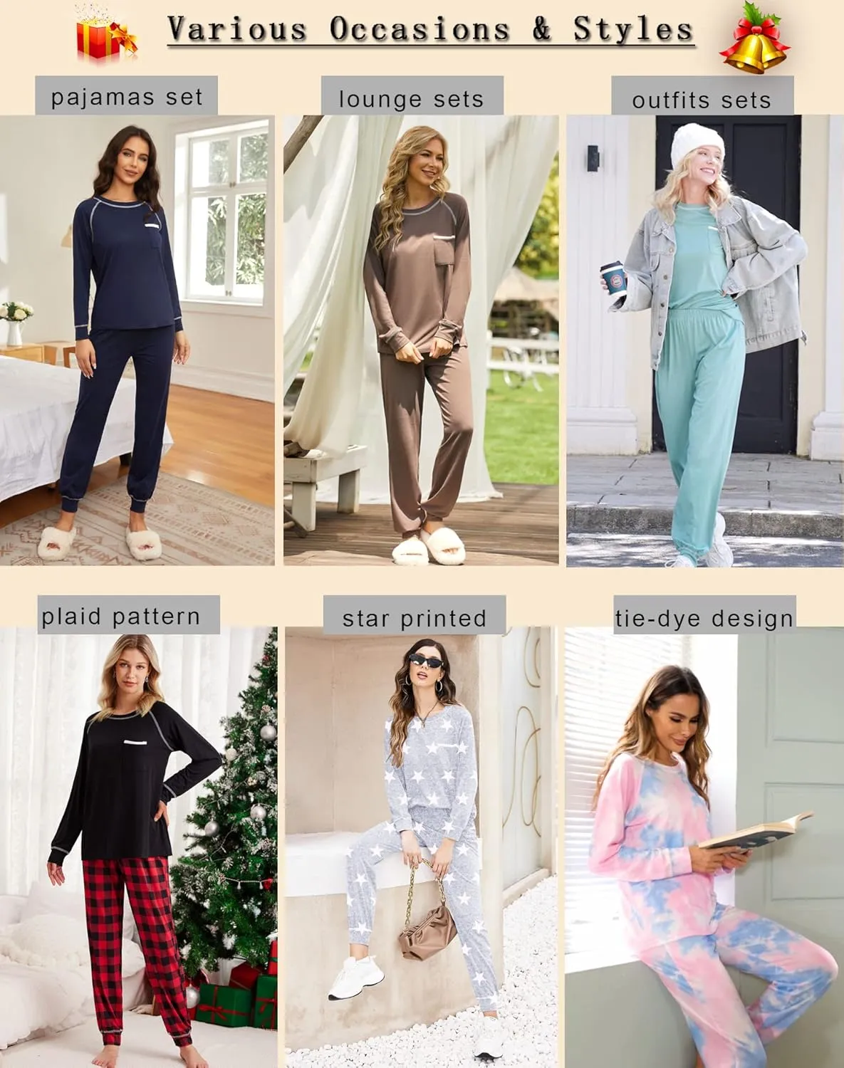Ekouaer Pajamas Set for Women Soft Comfy Pjs Sets Long Sleeve Sleepwear Loungewear S-XXL
