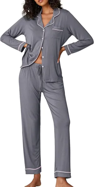 Ekouaer Pajamas Women's Long Sleeve Sleepwear Soft Button Down Loungewear Pjs Lounge Set Nightwear XS-XXL