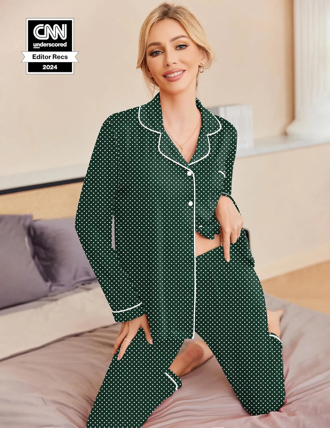 Ekouaer Pajamas Women's Long Sleeve Sleepwear Soft Button Down Loungewear Pjs Lounge Set Nightwear XS-XXL