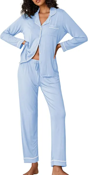 Ekouaer Pajamas Women's Long Sleeve Sleepwear Soft Button Down Loungewear Pjs Lounge Set Nightwear XS-XXL