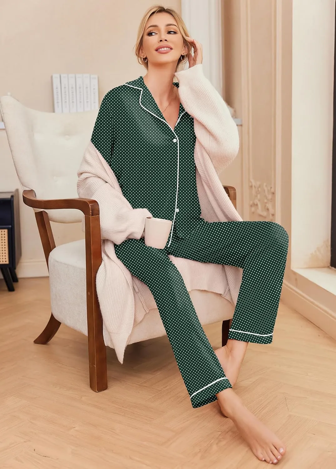 Ekouaer Pajamas Women's Long Sleeve Sleepwear Soft Button Down Loungewear Pjs Lounge Set Nightwear XS-XXL