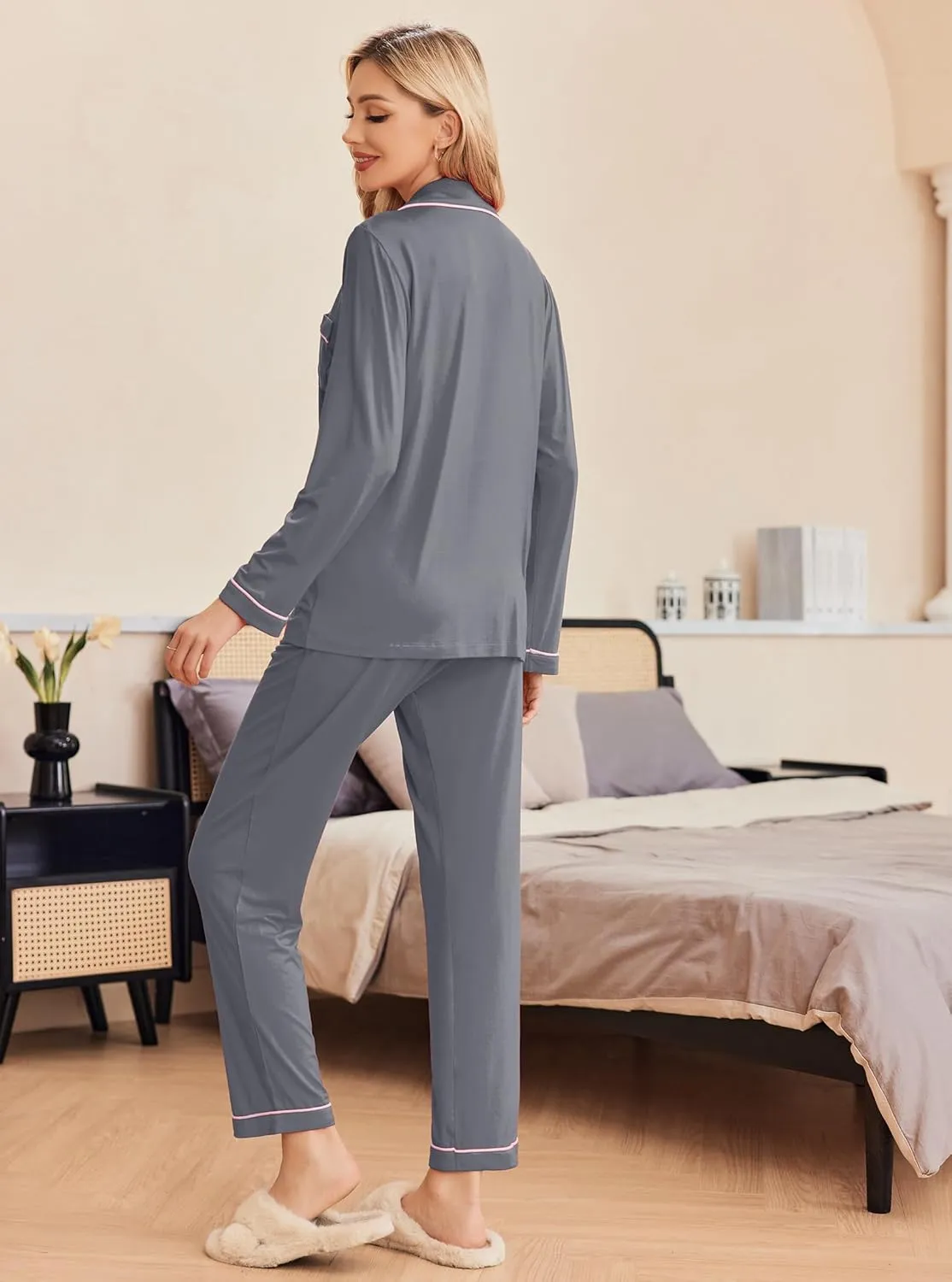 Ekouaer Pajamas Women's Long Sleeve Sleepwear Soft Button Down Loungewear Pjs Lounge Set Nightwear XS-XXL